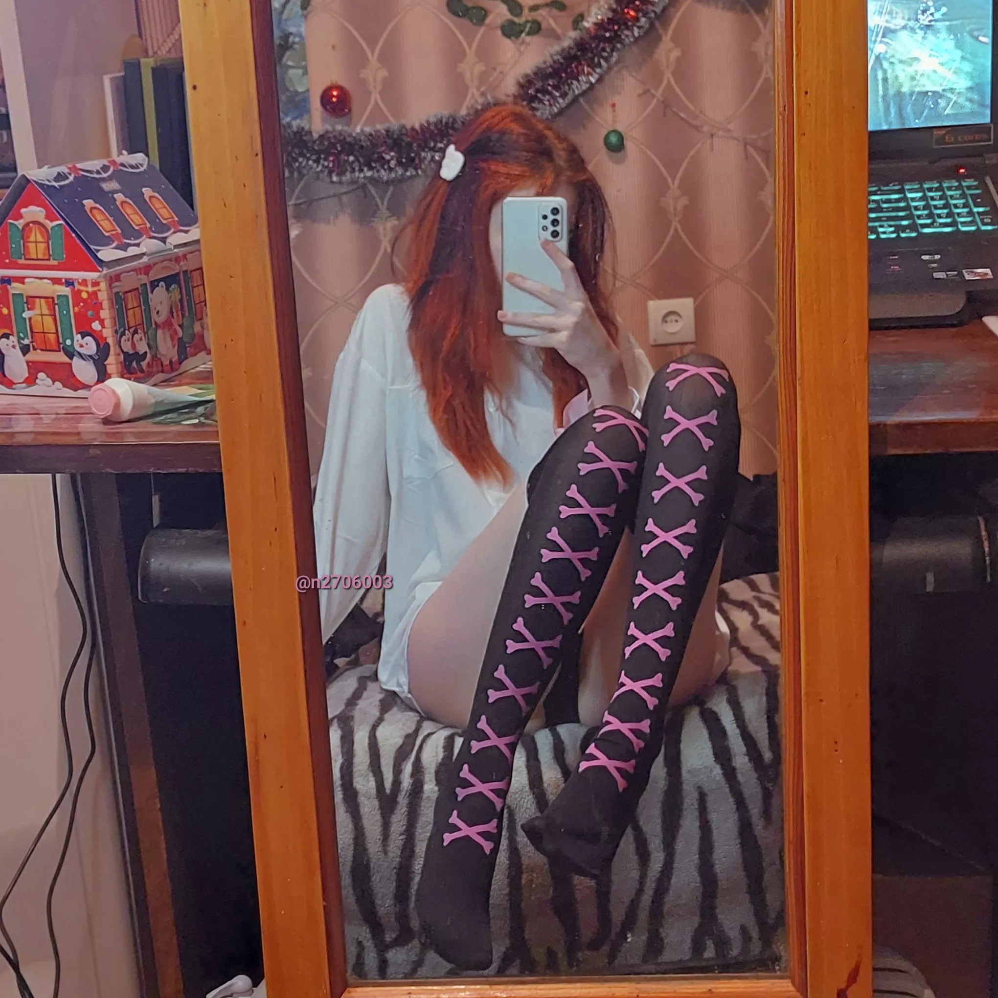 It's me, wearing my favorite knee socks and my roommate's (your) shirt