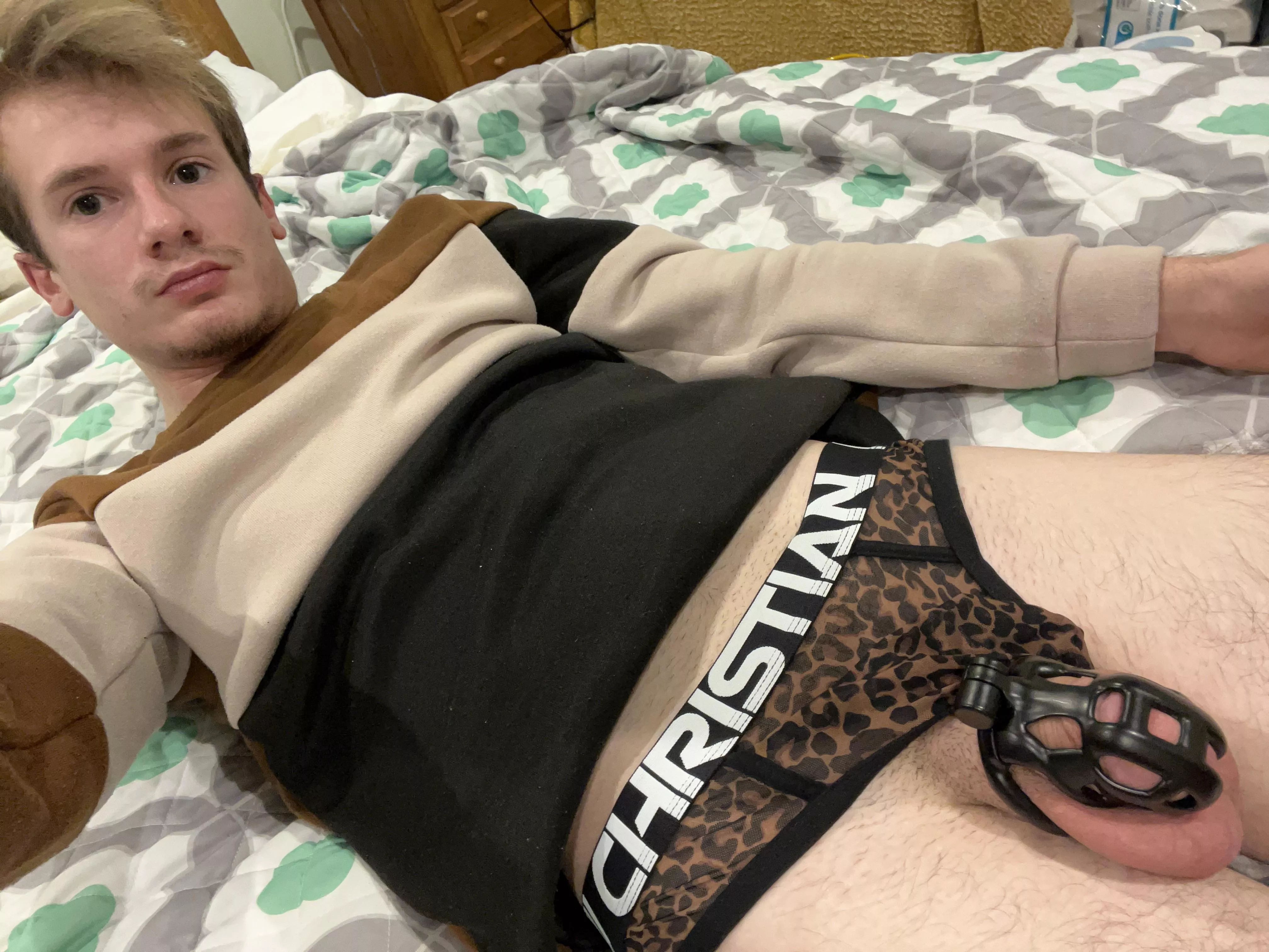 Just me, my cage, & thong. ❤️🧡💛💚💙