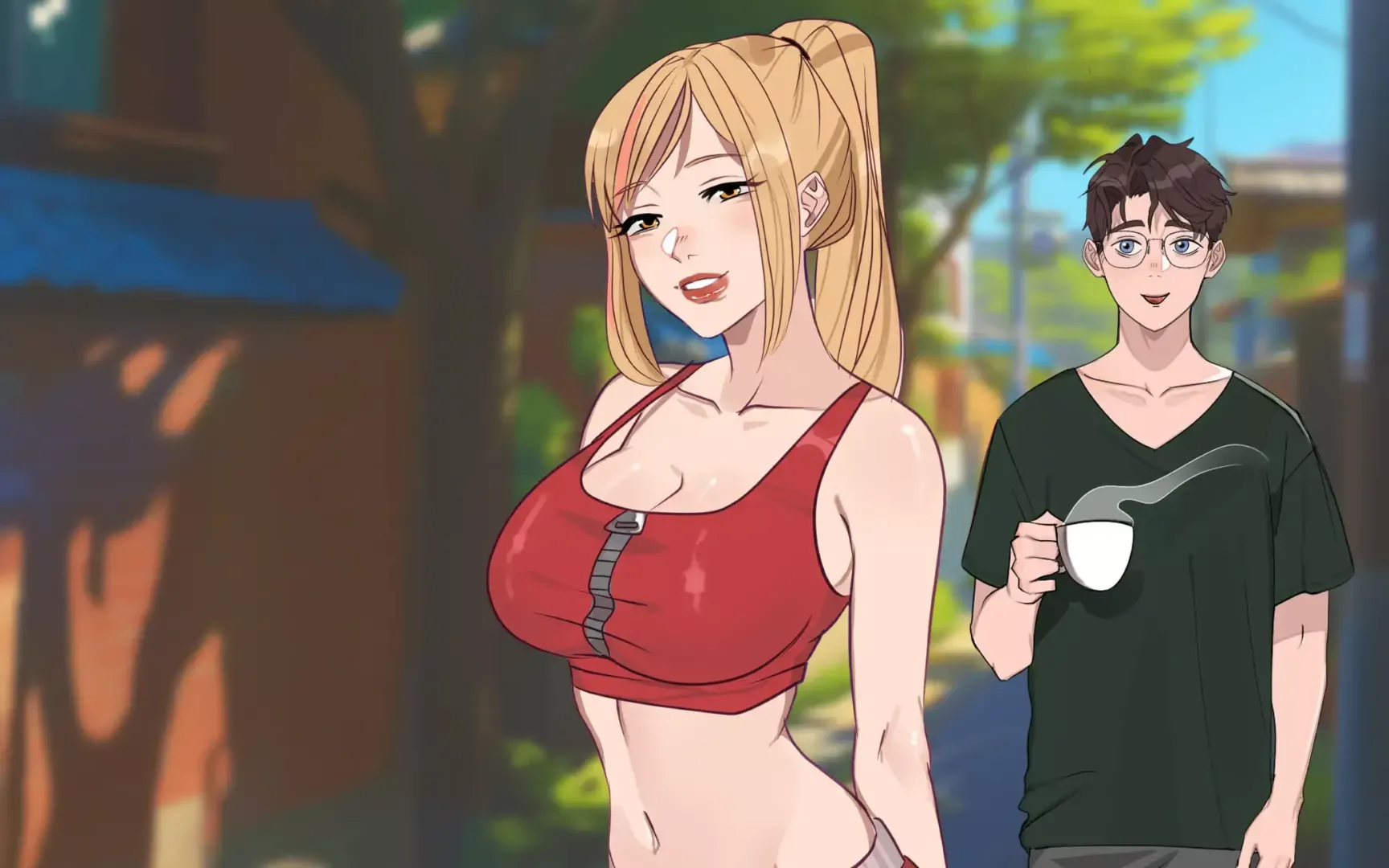 LF Color Source: 1boy, 1girl, blonde hair, ponytail, bra, glasses, big breasts, standing