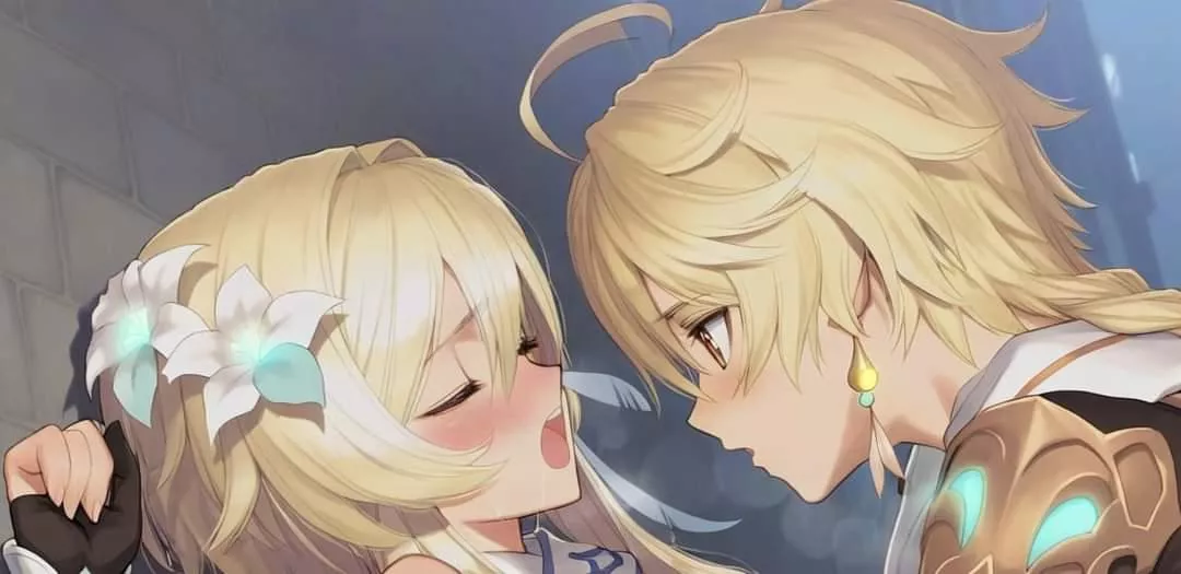 LF Color Source: 1boy, 1girl, genshin impact, aether, lumine, blush, pinned to wall, eyes closed, mouth open, implied sex, partially fingerless gloves, blonde, ahoge