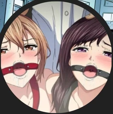 LF Color Source: 1boy, 2girls, bdsm, blonde hair, blush, brown hair, close up, dental gag, discord profile picture/pfp, face, hair between eyes, hand on another's head, light brown hair, looking at viewer, open mouth, orange eyes, purple eyes, purple ha