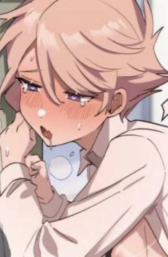 LF Color Source: 1boy, against wall, blonde hair, blush, breath, close-up, collared shirt, drooling, face, from side, hair between eyes, half-closed eyes, implied sex from behind, light brown hair, open mouth, open shirt, otoko no ko/femboy, short hair, 