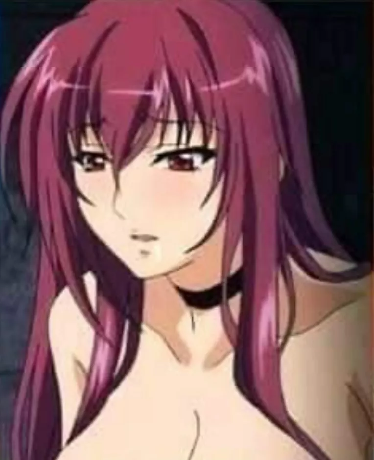 LF Color Source: 1girl, brown eyes, choker, close up, collarbone, face, hair between eyes, large breasts, parted lips, purple hair, red eyes, red hair