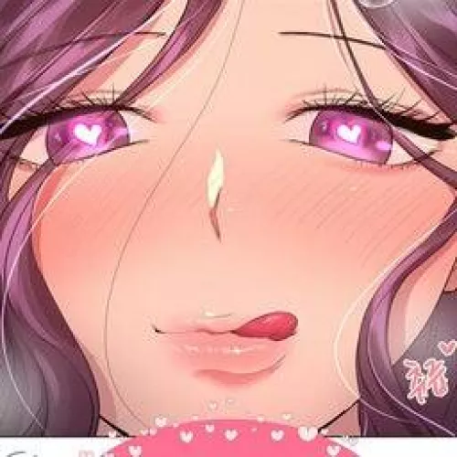 LF Color Source: 1girl, :q, blush, close up, closed mouth, eyebrows visible through hair, eyelashes, face, foreign sfx, foreign text, hair strand, heart-shaped pupils, hearts, licking lips, long hair, looking at viewer, manhwa/webtoon, parted bangs, purp