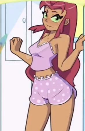 LF Color source: 1girl red hair green eyes pink pajamas no bra polka dot shorts thick thighs
