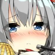 LF color source: 1girl, silver hair, blue eyes, pen, blushing, face, bangs, portrait 