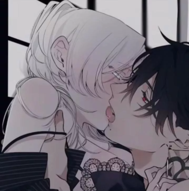 Lf Color Source: 1girl,1boy,white hair,black hair, red eyes, closed eye, open eye, mole, kissing, tongue kissing, earings, 