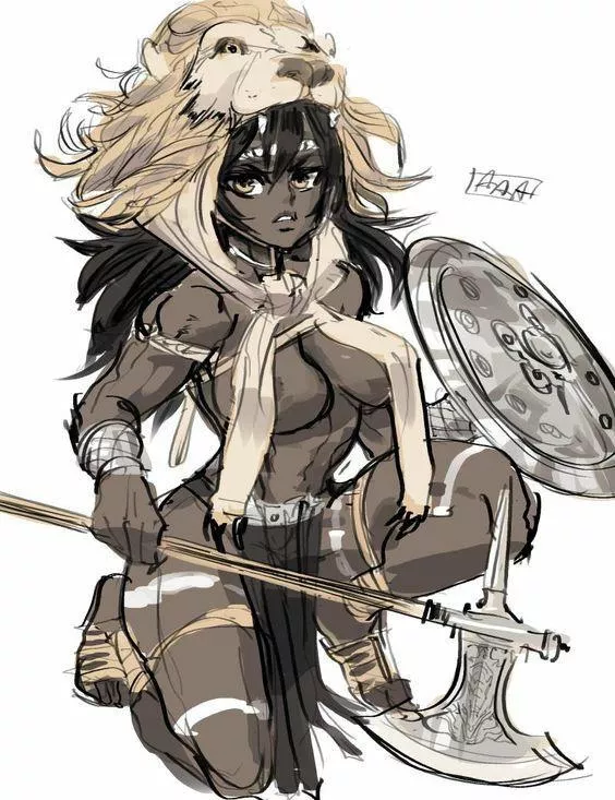 Lf color source: dark skin, warrior, gladiator, weaponry, bikini armor, muscular, yellow eyes , lion head