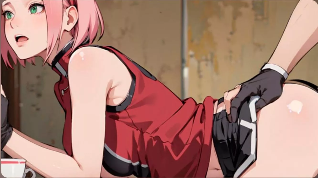 LF Color Source: Naruto, Sakura Haruno, open mouth, sex from behind, hands on wall, hand on hip