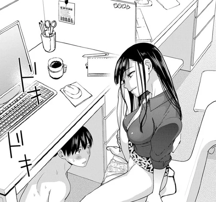 LF Mono Source: 1boy, 1girl, black hair, cubicle, earrings, feet, keyboard (computer), knees up, long hair, looking at pussy, monitor, mouse, nude/naked, office, on chair, parted lips, pen, pencil holder, scissor, short hair, sitting, skirt lift, spread 
