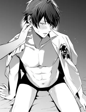 LF Mono Source: 1boy, submissive male, school uniform, underwear, boxers, black hair, from above, half naked, blushing