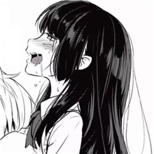 LF Mono Source: 1girl, ahegao, closed up, black hair, long hair, hime cut, flat bangs, side locks, blush, necktie, school uniform, tears, open mouth, drool, boob sucking