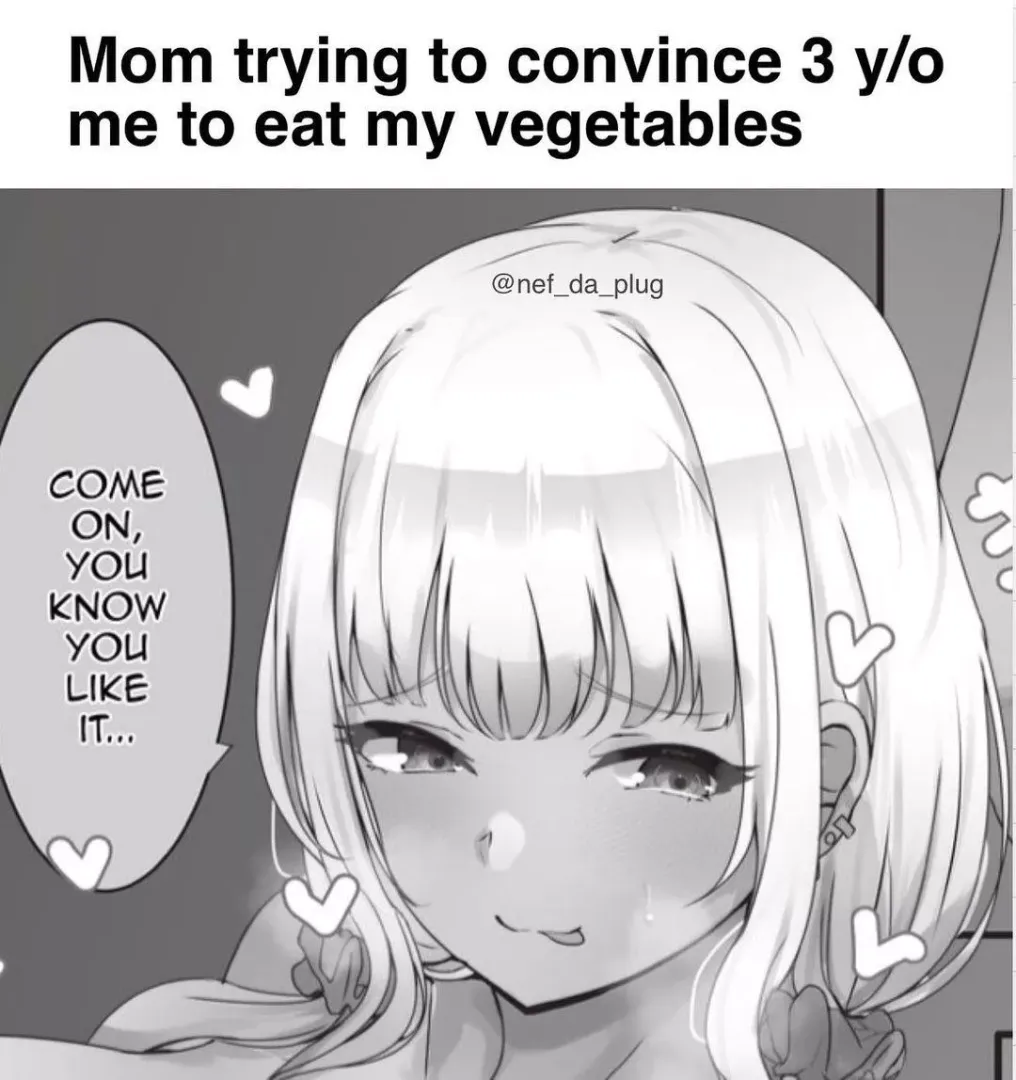LF Mono Source 1girl, hearts, blushing, eye color, dark skin, gyaru, white hair, mom trying to convince 3 y/o me to eat vegetables, come on, you know you like it