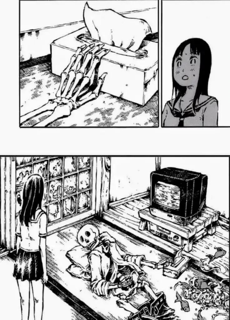 LF Mono Source, 1girl, Skeleton, Implied Masturbation, Tissue, Tissue Box, Television