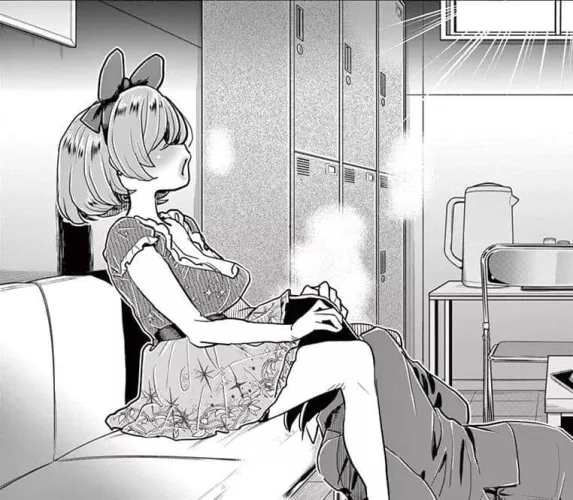 LF Mono Source: 2girls, ribbon, open mouth, jacket, no eyes, from side, skirt, locker, window, chair, oral, yuri, breats, hand on another's head, sofa, sitting, kettle, table