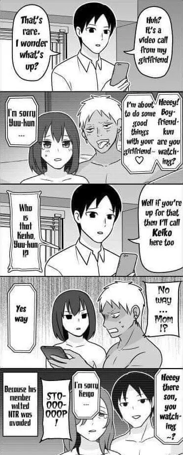 LF Mono Source: NTR, cheating, dark skin, light hair, short hair, dark hair, MILF, “Huh? It's a call from my girlfriend”, “That's rare. I wonder what's up?”, “Heeey! Boyfriend-kun are you watching?”, “I'm about to do some good things wi