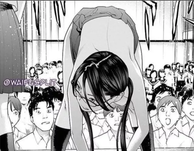 LF Mono source, school girl showing off in public assembly, glasses wearing.