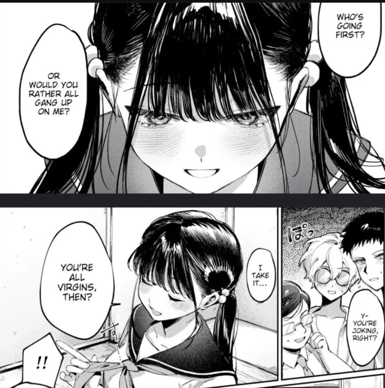 LF Mono Source: twintails, black hair, schoolgirl, sailor uniform, school uniform, 1girl, 3boys, medium boobs, “who’s going first”, “or would you rather all gang up on me?”, “you’re joking right?”, “I take it…”, “you’re all virg