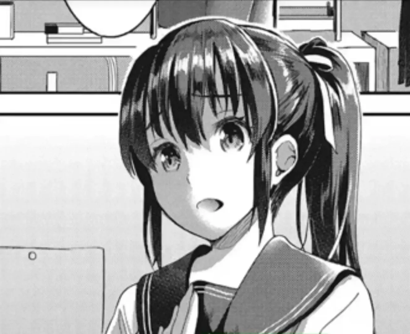 LF Mono Source:1girl, black hair, ponytail, hair band, speech bubble, schoolgirl uniform
