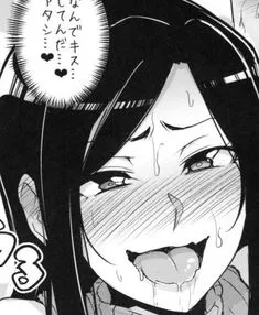 LF Mono Source:1girl, black hair, saliva, blushing, speech bubble, heart symbols