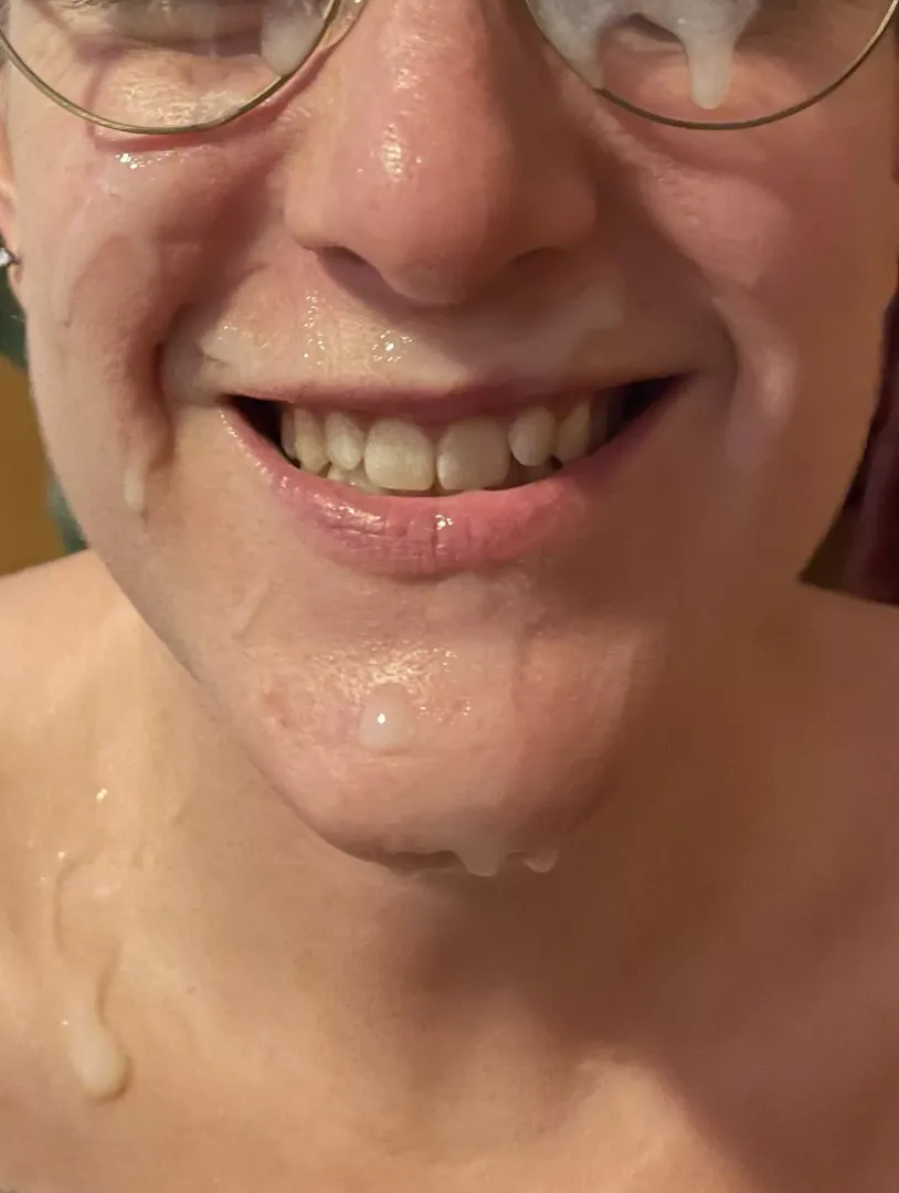 Love how happy she is to be covered in my cum!