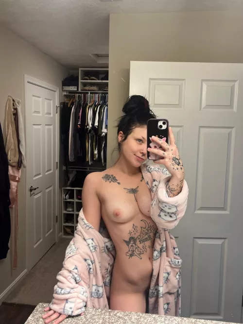 me in my purest form: messy bun, no makeup, kitten robe. still fuckable? :0