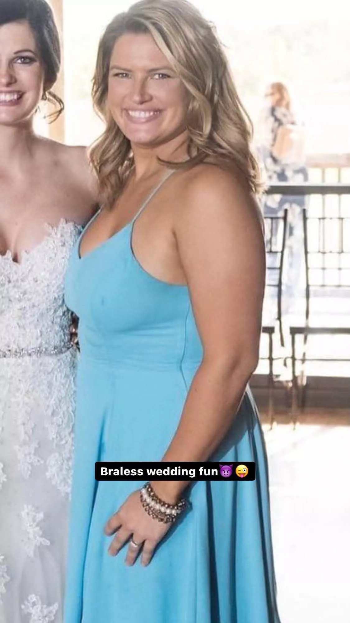 Mom of 2, but still went braless to my friend’s wedding😈 would you hit on me?😈 [Image]