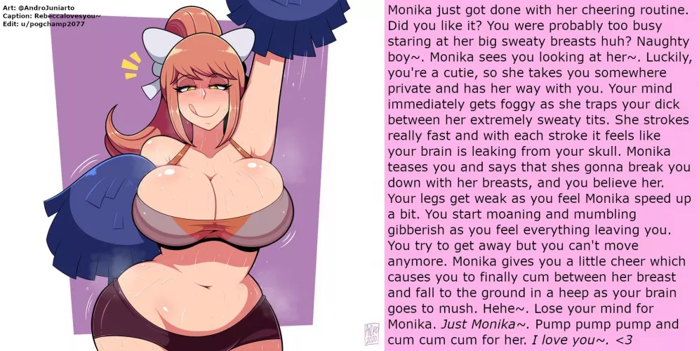 Monika Cheers for You [Sweaty] [Plump] [Cheerleader] [Paizuri] [Masturbation Encouragement] [Wholesome] [Art by AndroJuniarto] [Caption by Rebeccalovesyou~] [Source in Comments]