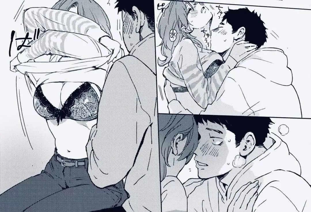 Mono 1boy, 1girl, arms up, belt, black hair, blush, bow bra, breath, crosssed arms, floral print/flower print, foreign text, hand on another's neck, hoodie, kissing neck, lace-trimmed bra, light hair, long hair, long sleeves, navel, pants, sfx, shirt, s