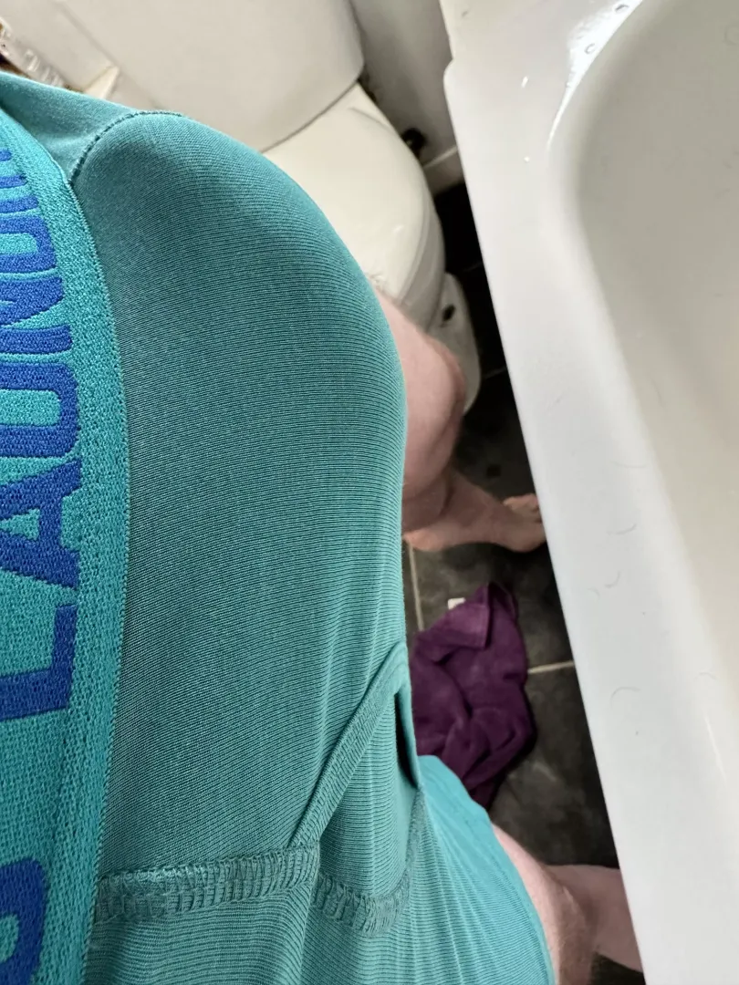 Morning bulge in boxer with hard dick sticking out .