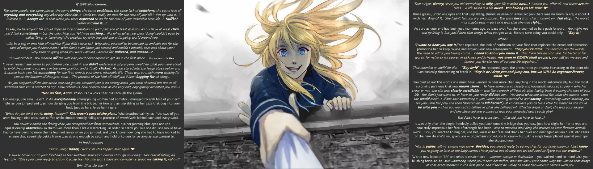 [MxF] As if she'd let you... [RE-UPLOAD][TW: Suicide][Wholesome][Yandere][Saviour][Rescued?][Depression][Despair][Bridge...][Marriage?][MtG Caption][Property: Sierra Lee] 