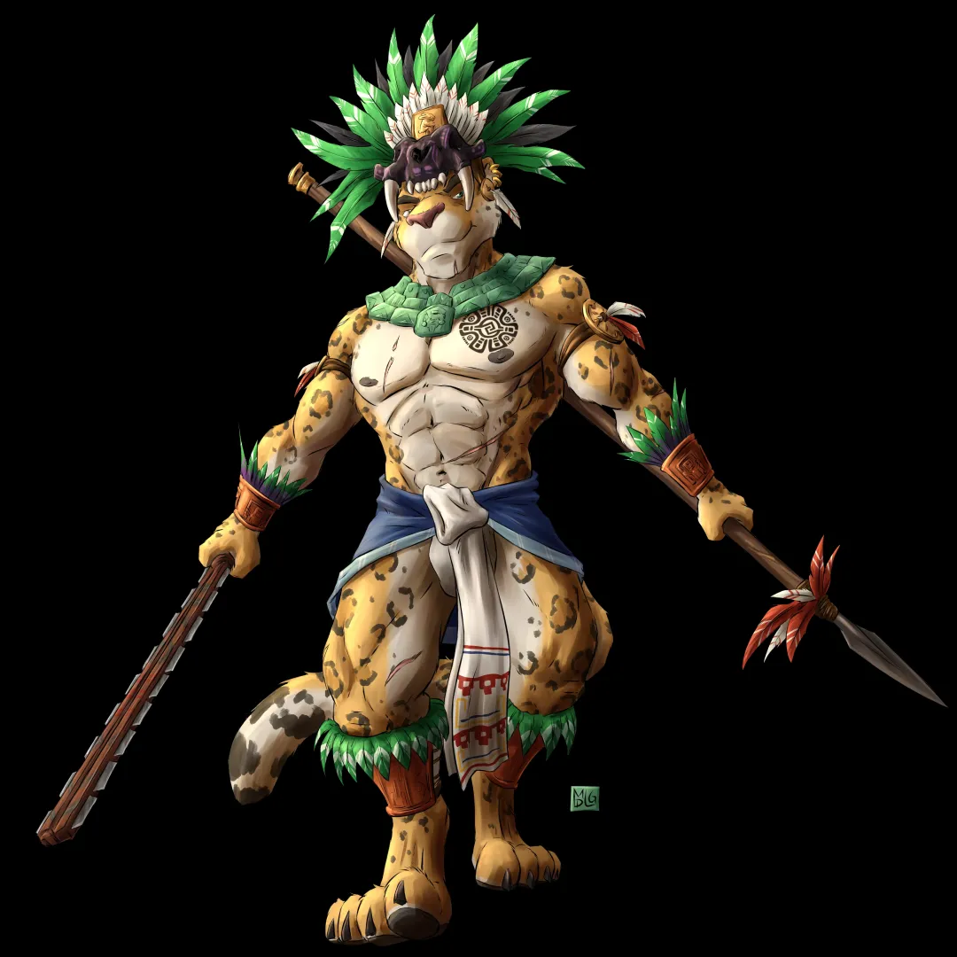 My aztec jaguar warrior! He is as handsome as he is beautiful amd fearsome. Looking forward to role-playing as him. Art by the highly talented TheDammitch