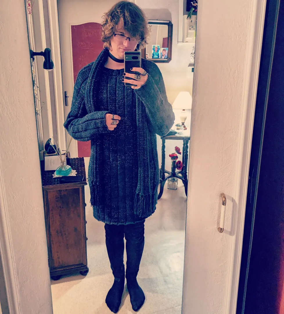 My beloved grandma knitted me a cute sweater that doubles like a dress ☺️. Does it look good on me? 👉👈☺️