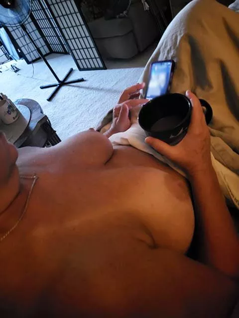 My coffee slowly waking me for work, only thing better would be adding a cute young mouth between my legs!