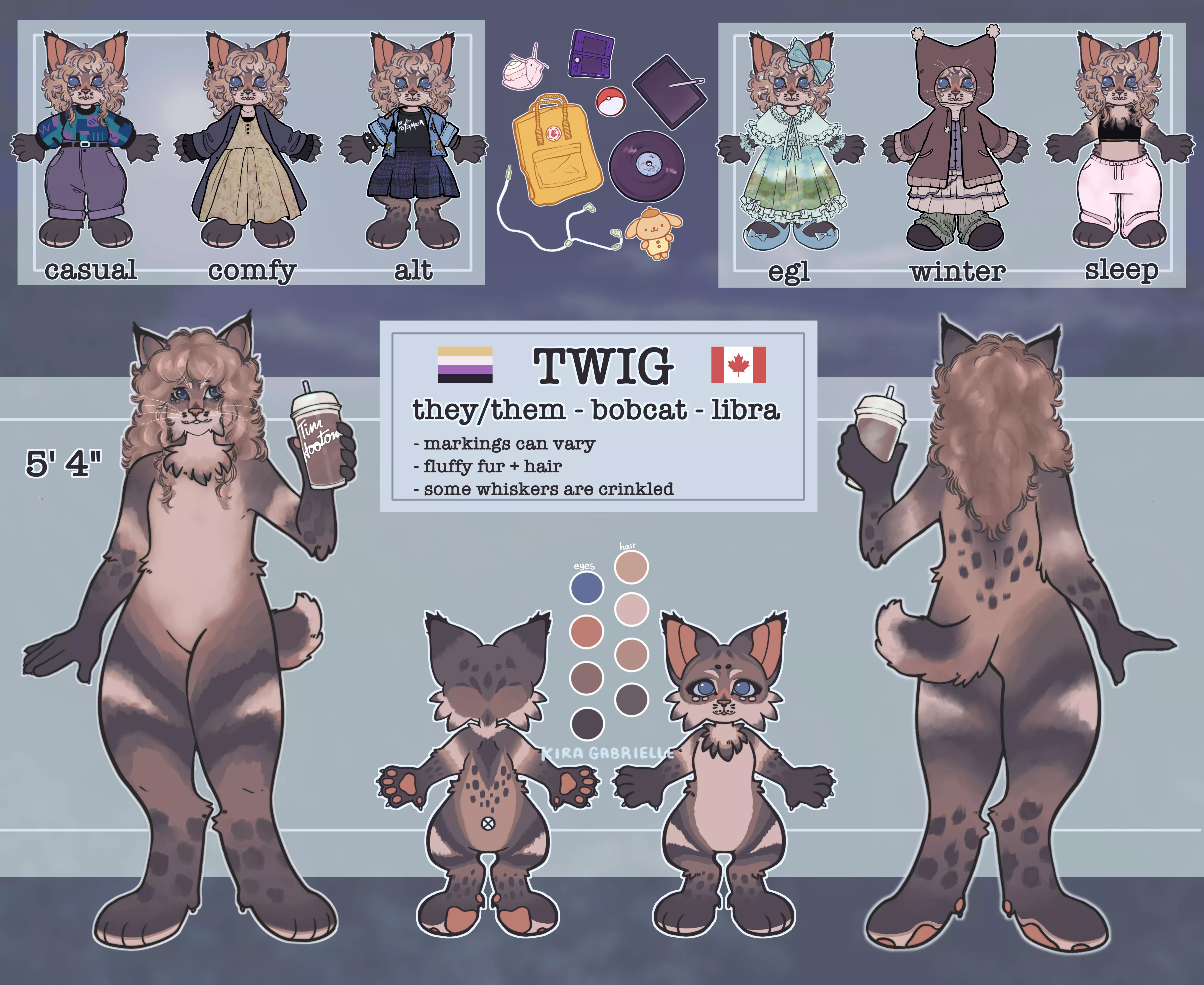 my first official fursona! :3 i posted here a while back with my potential pine marten fursona design, but i scrapped that and ended up going with a bobcat! i'm a cat person through and through so this was inevitable i think. anyways this ref sheet took