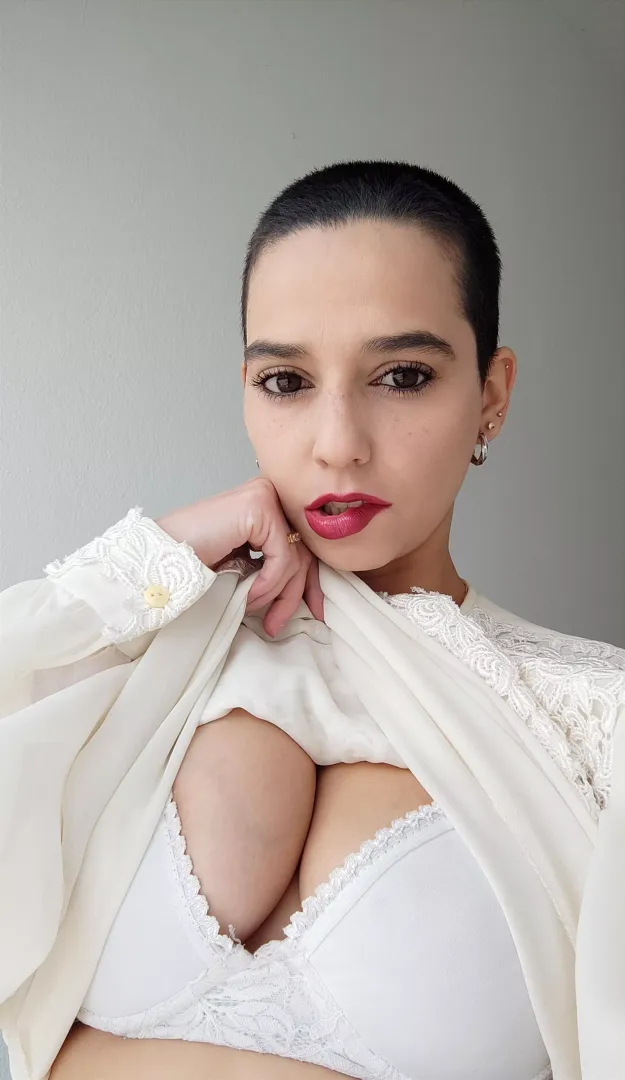 My white lingerie and my shaved hair match 