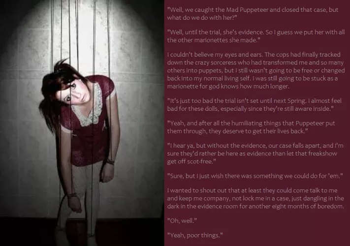 New caption! Closed the Case. Now What Do We Do With the Evidence? #magicaltransformation #puppet #dollification #puppettf #stuck #caption #marionnette #marionnettetf #inanimatetransformation #dolltf https://amberhuntwrites.blogspot.com/2024/09/closed-ca