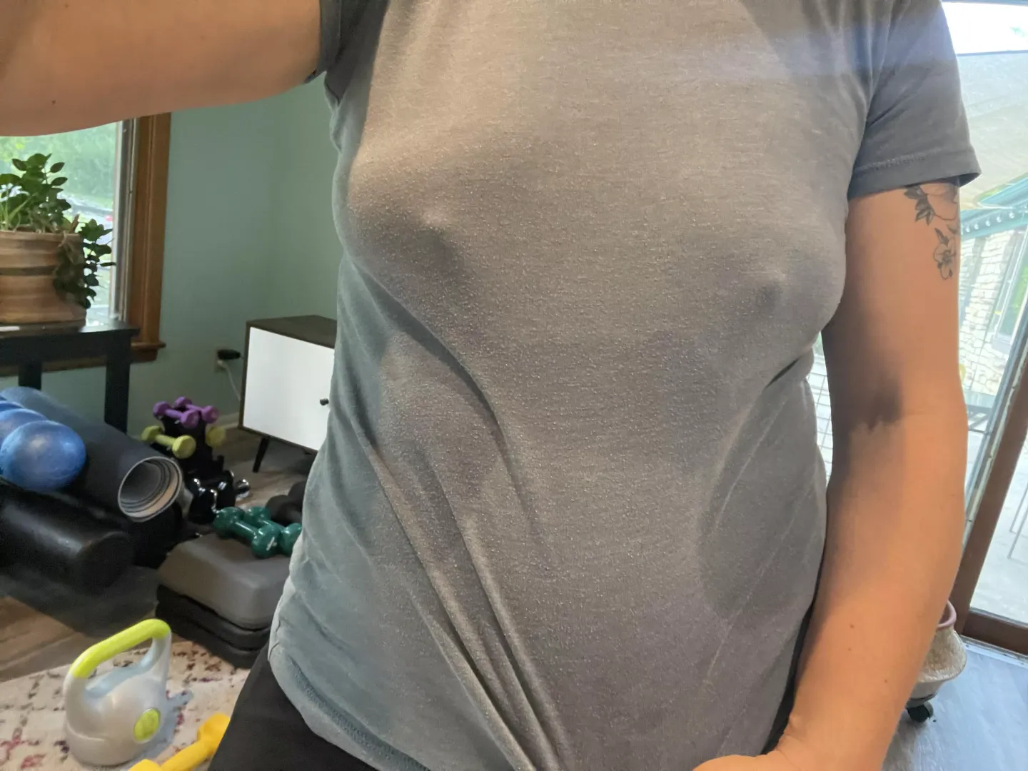 No bra and sweat soaked