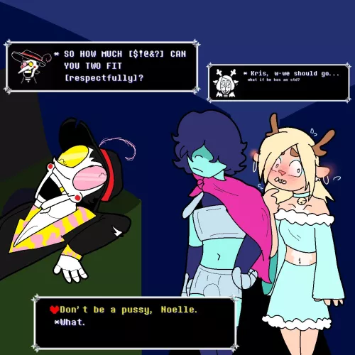 [Noelle] and [kris] talking with [spamton] in deltalust AU (sn0wslut)