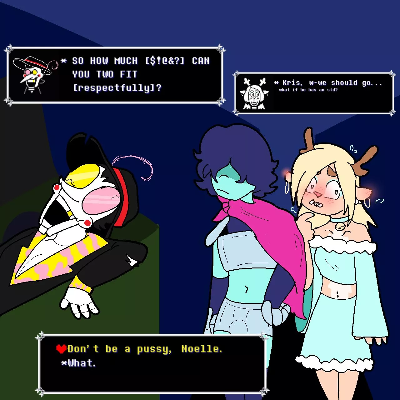 [Noelle] and [kris] talking with [spamton] in deltalust AU (sn0wslut)