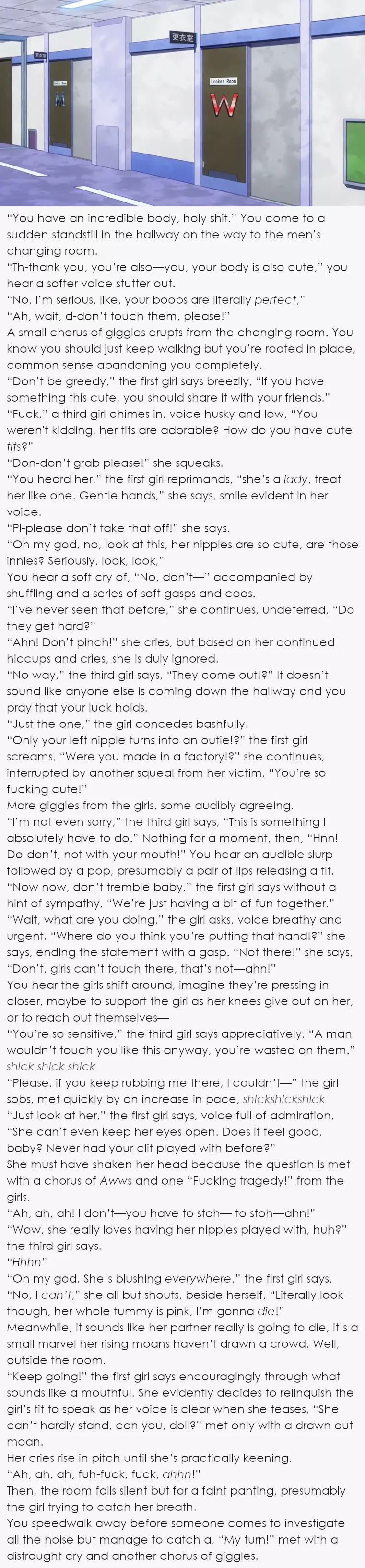 Overheard outside the changing room [lesbian] [nonconsensual] [male POV] [voyeurism]