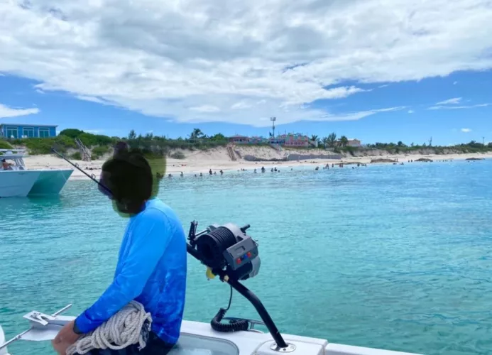 Parked the boat and waded to the beach bar on the hill