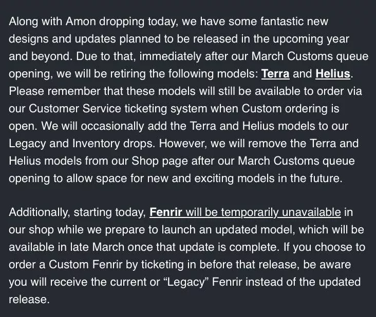 PSA Terra and Helius being retired. Fenrir temporarily unavailable to update base design to work with suction cup.