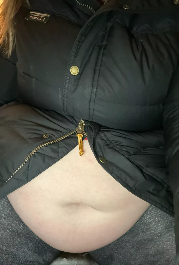 Puffy coat can’t contain the tummy floof 🤣🤣🐽