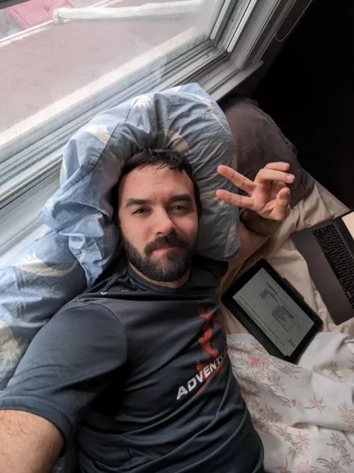 Rainy day means doing school work in bed. Please send help