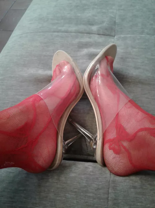 Red lace with clear mules, feedback welcum...