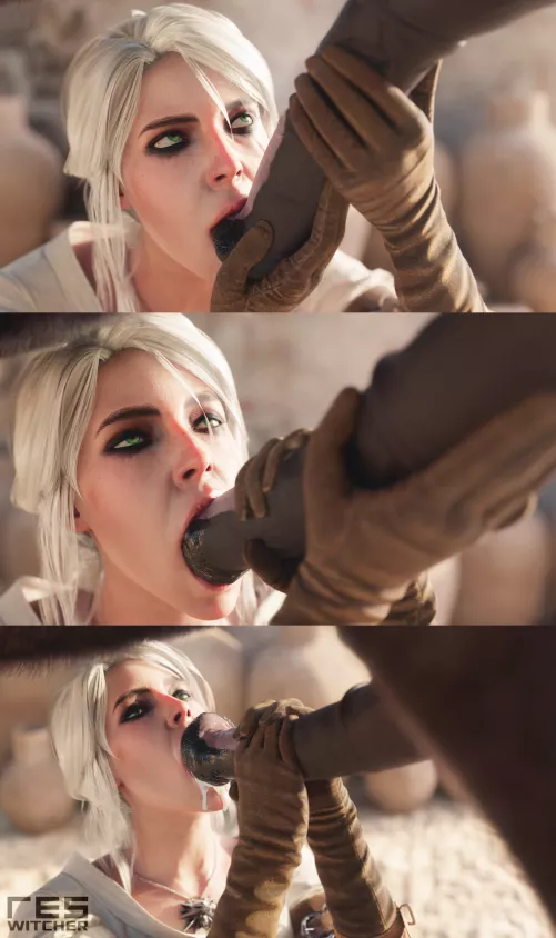 (Res Witcher) Ciri sucking cum from a horsecock straw