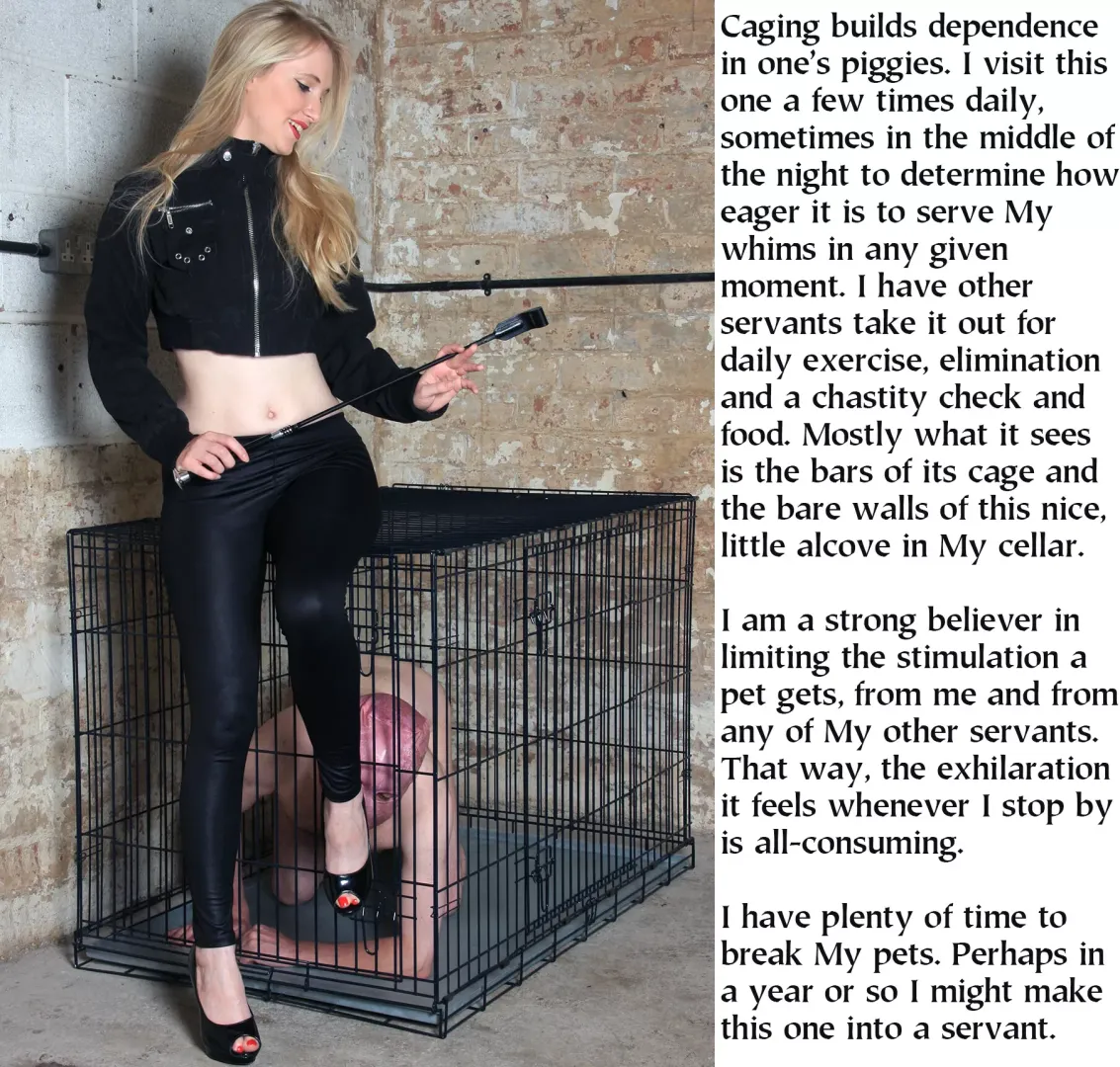 She has been steadily growing Her compound with the transformed males who freely apply and quickly discover their limits to freedom. By the time Her program runs its course, they have forgotten their former lives