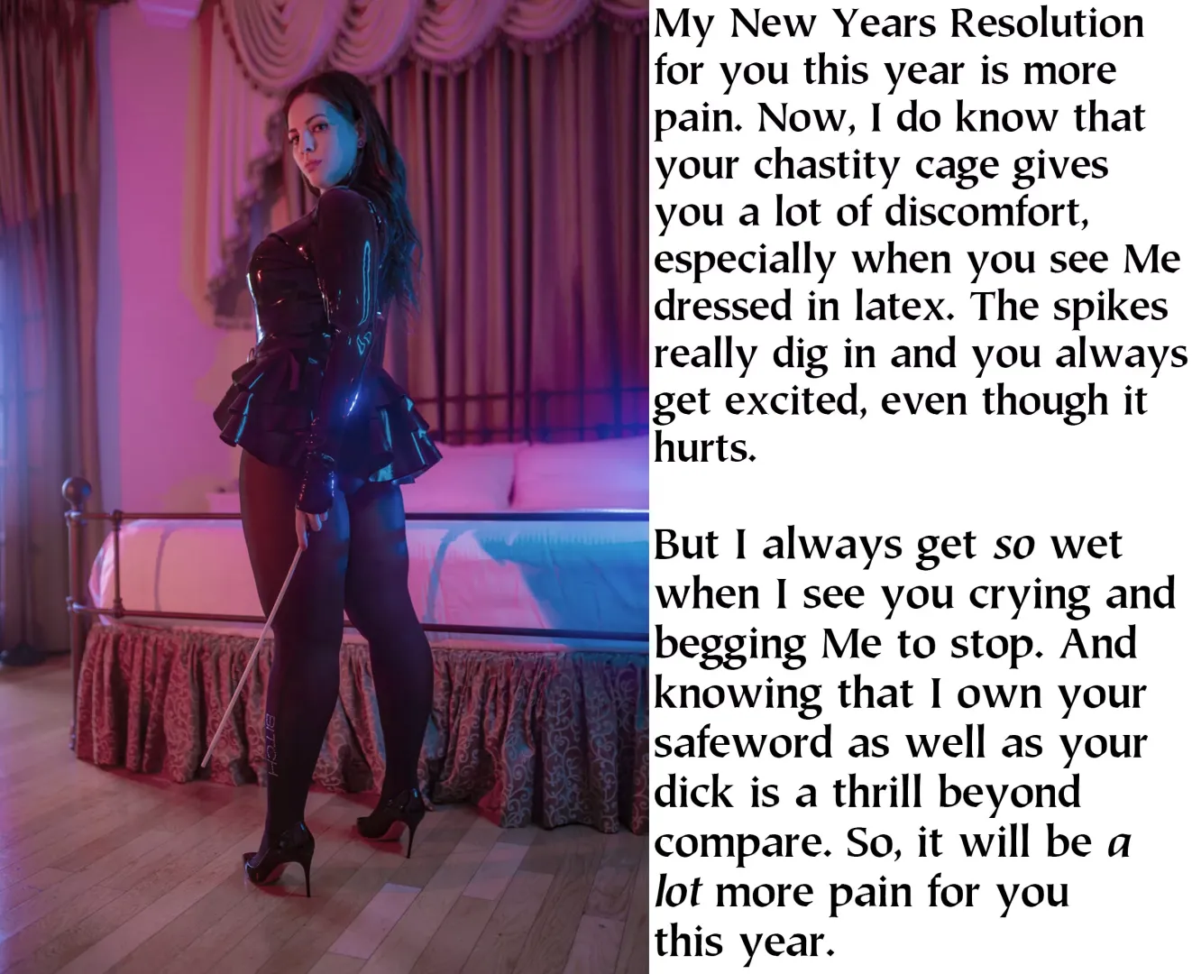 She really likes masochists but you're not really a masochist, you don't like pain. And, lately, the cuddle time after a good hiding has been reduced to nil. But you're helplessly enthralled and She makes you ask Her to beat you.