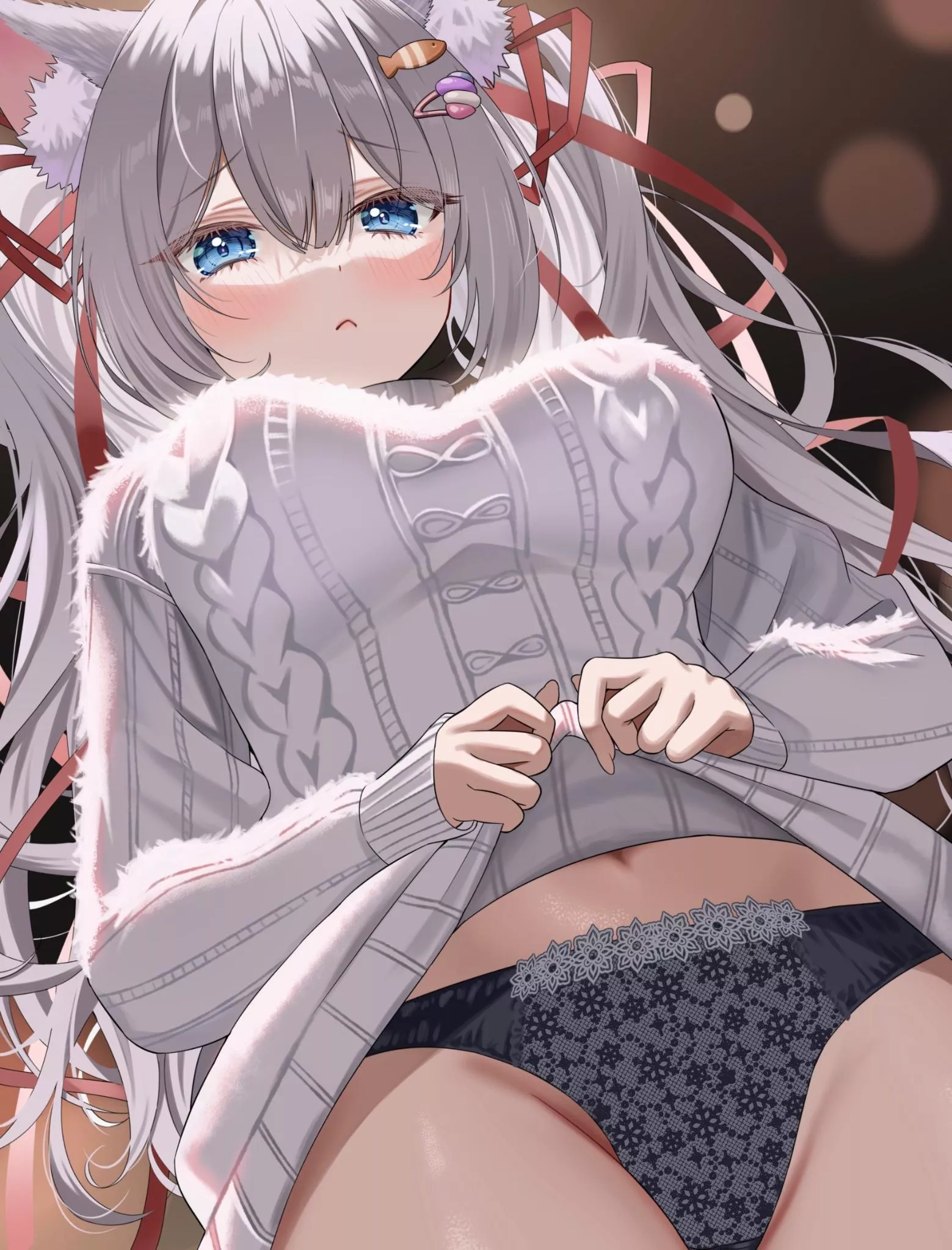 Showing her lovely pantsu